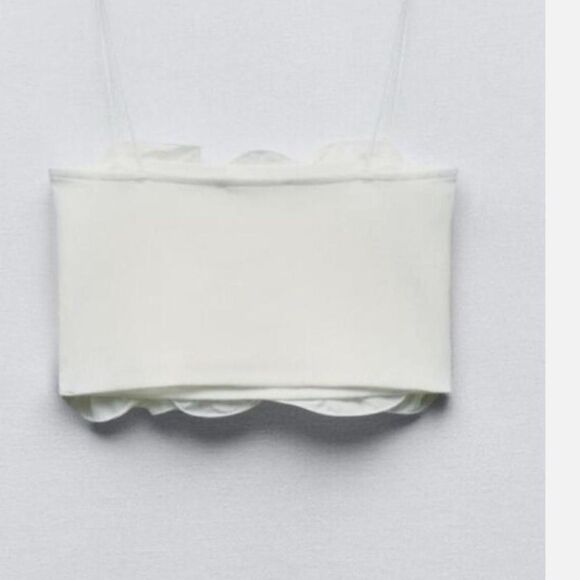 NWT Zara White Ribbed Crop Top With Raised Ruffles Thin Straps Size S - Picture 7 of 7